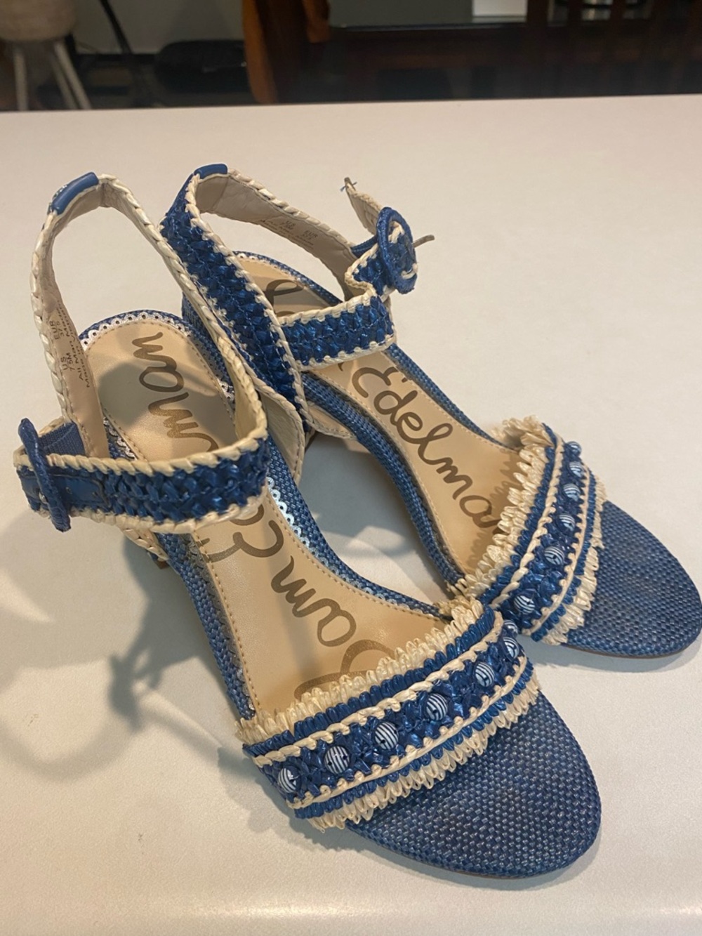 SAM EDELMAN OLISA BLUE RAFFIA BLOCK HEEL ANKLE STRAP SANDAL
3 INCH SUMMER SZ 7.5